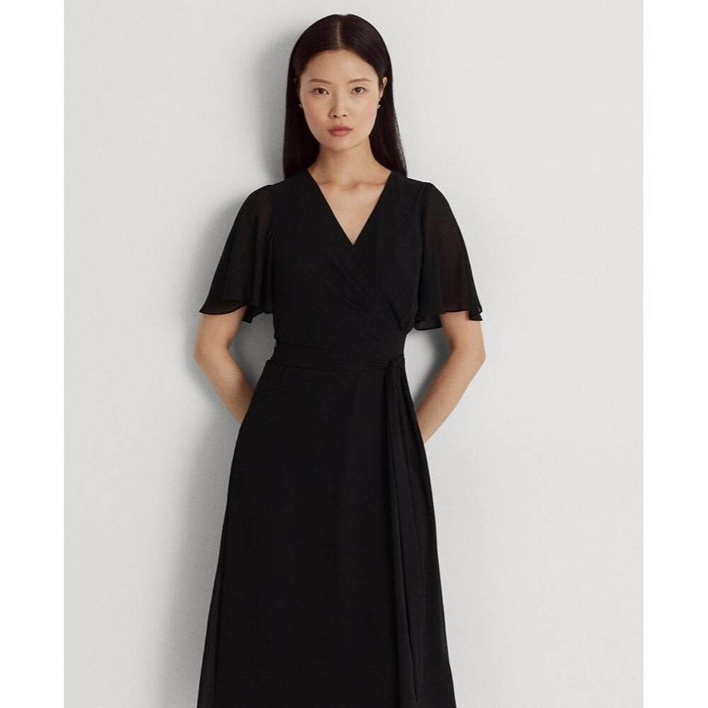 Lauren Ralph Lauren Women's Belted Fit & Flare Georgette Dress Rich Black 2 - Picture 4 of 12